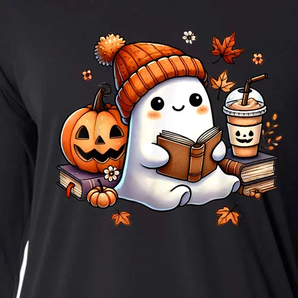 Women Halloween Ghost Coffee Cute Ghost Reading Book Lovers Gift Cooling Performance Long Sleeve Crew