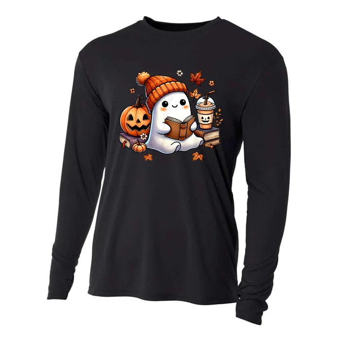 Women Halloween Ghost Coffee Cute Ghost Reading Book Lovers Gift Cooling Performance Long Sleeve Crew