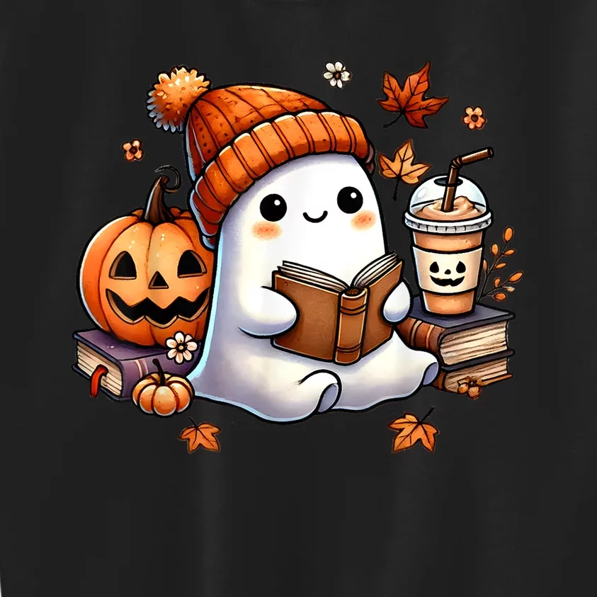 Women Halloween Ghost Coffee Cute Ghost Reading Book Lovers Gift Kids Sweatshirt