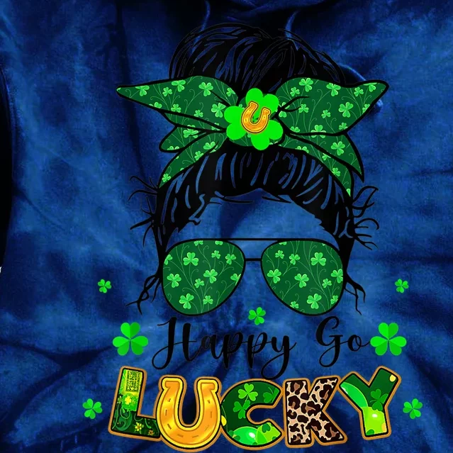 Women Happy Go Lucky Messy Bun Shamrock St Patrick's Day Tie Dye Hoodie