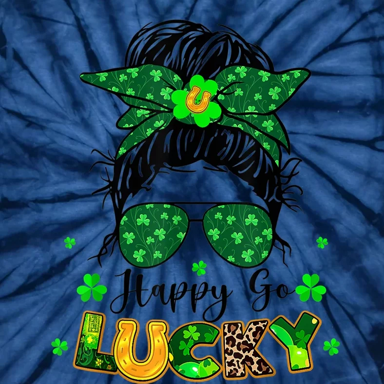 Women Happy Go Lucky Messy Bun Shamrock St Patrick's Day Tie-Dye T-Shirt