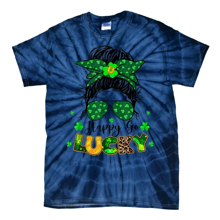 Women Happy Go Lucky Messy Bun Shamrock St Patrick's Day Tie-Dye T-Shirt