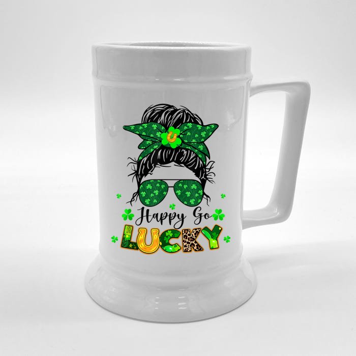 Women Happy Go Lucky Messy Bun Shamrock St Patrick's Day Front & Back Beer Stein