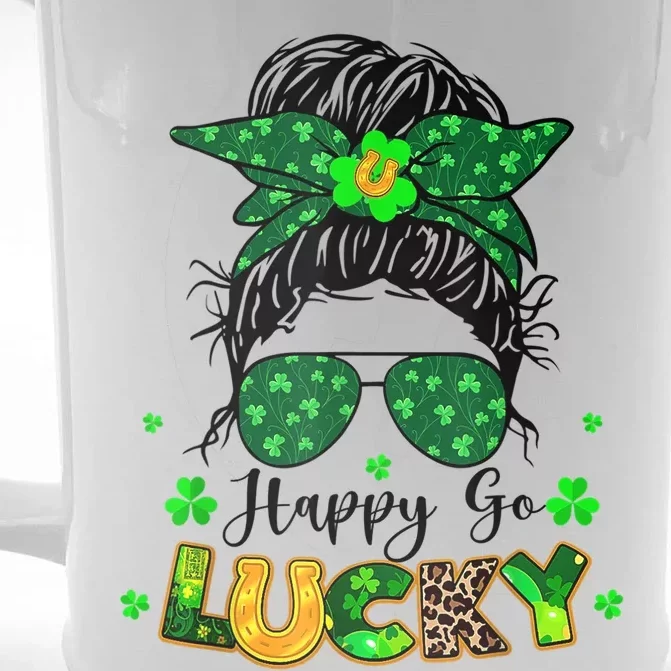 Women Happy Go Lucky Messy Bun Shamrock St Patrick's Day Front & Back Beer Stein