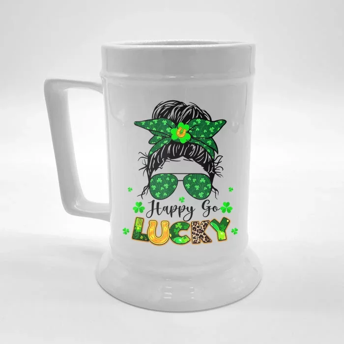 Women Happy Go Lucky Messy Bun Shamrock St Patrick's Day Front & Back Beer Stein