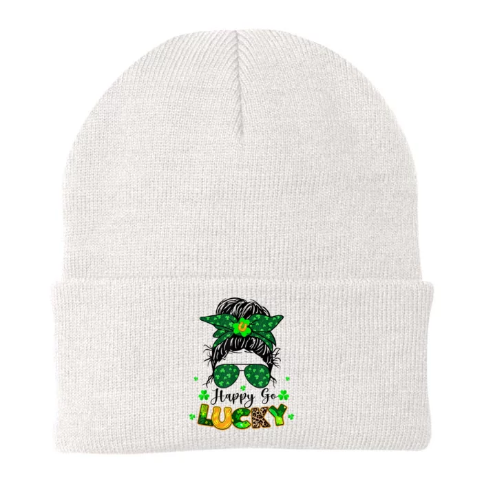 Women Happy Go Lucky Messy Bun Shamrock St Patrick's Day Knit Cap Winter Beanie