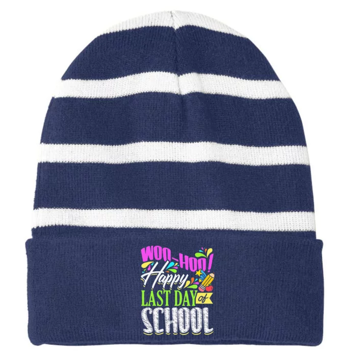 Woo Hoo Happy Last Day Of School Striped Beanie with Solid Band