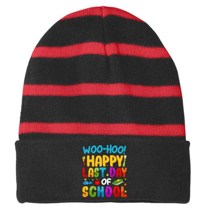 Woo Hoo Happy Last Day Of School For Teachers Students Striped Beanie with Solid Band