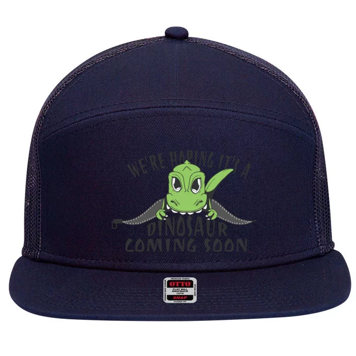 We're Hoping It's A Dinosaur Coming Soon Pregnancy Announcement 7 Panel Mesh Trucker Snapback Hat