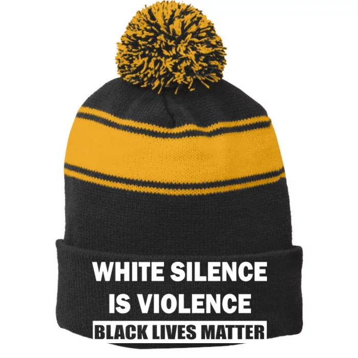 White Silence Is Violence Stripe Pom Pom Beanie