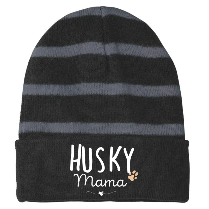 Womens Husky Mama Husky Mom Gifts Dog Lover Siberian Husky Mom Paw Striped Beanie with Solid Band