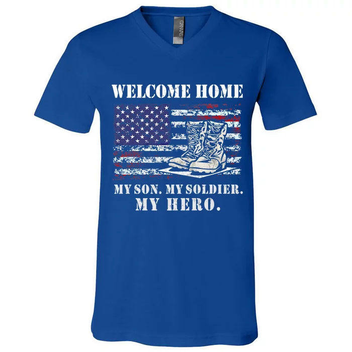 Welcome Home My Son Soldier Homecoming Us Flag Retro Vintage Gift V-Neck T-Shirt