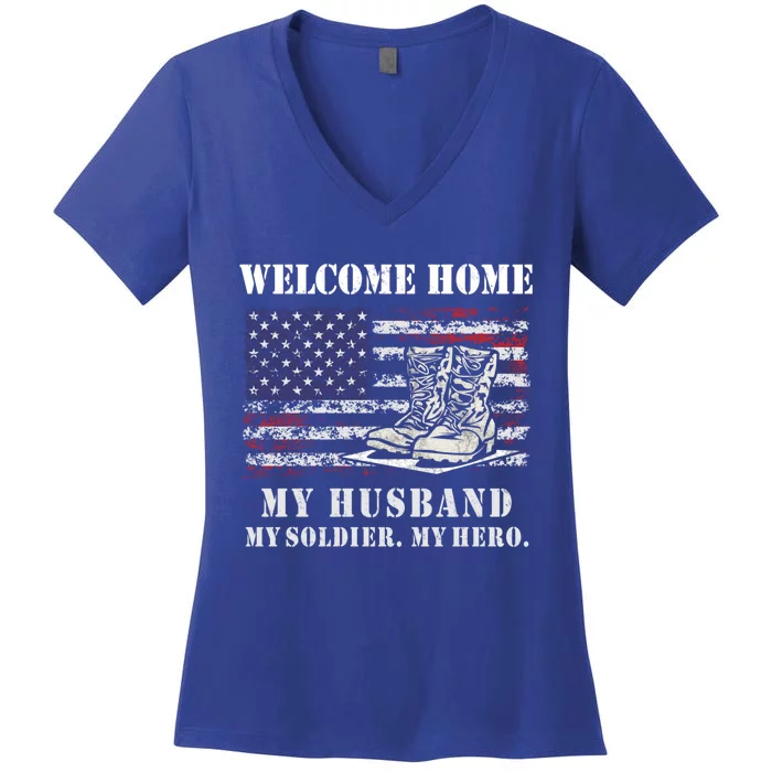 Welcome Home My Husband Military Homecoming Wife Usa Flag Gift Women's V-Neck T-Shirt