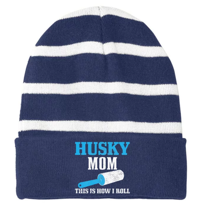 Womens Husky Mom Dog Hair Funny Siberian Husky Mama Striped Beanie with Solid Band