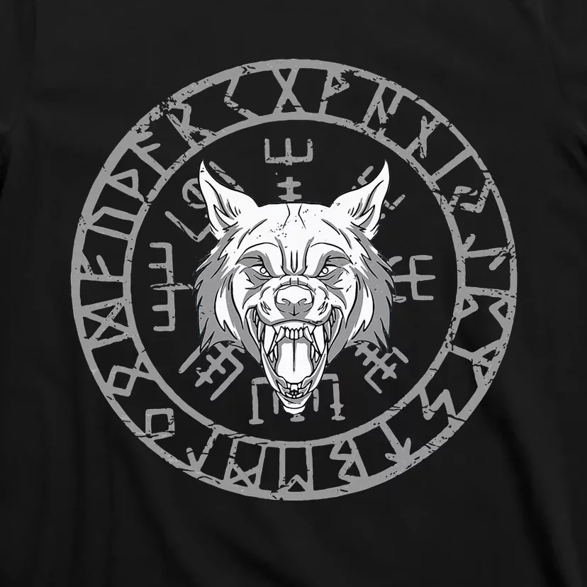 Wolf Head Nordic Rune Circle And Viking Symbols T-Shirt