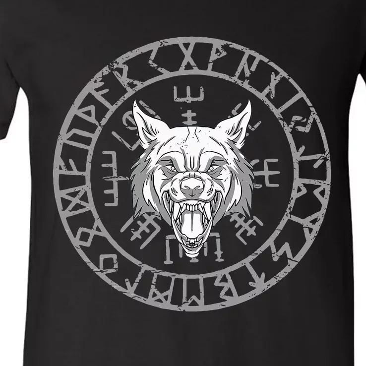 Wolf Head Nordic Rune Circle And Viking Symbols V-Neck T-Shirt