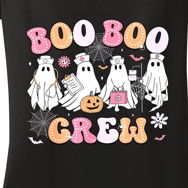 Women Halloween Nurse Groovy Boo Boo Crew Nurse Funny Ghost Gift Women's V-Neck T-Shirt