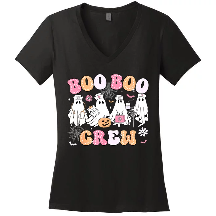 Women Halloween Nurse Groovy Boo Boo Crew Nurse Funny Ghost Gift Women's V-Neck T-Shirt