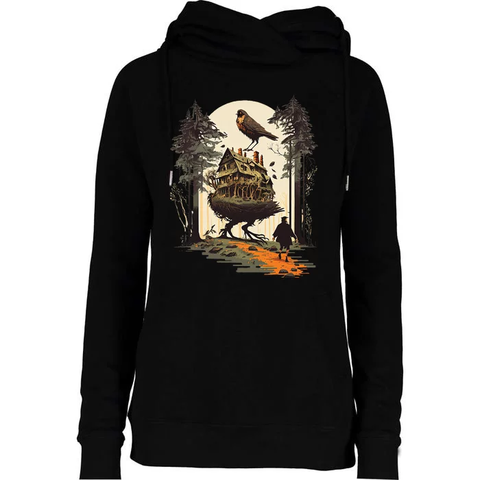 Walking House On Chicken Legs Slavic Folklore Baba Yaga Art Womens Funnel Neck Pullover Hood