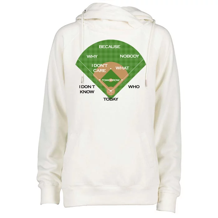 Who's on First Baseball Diamond Fielding Card Womens Funnel Neck Pullover Hood