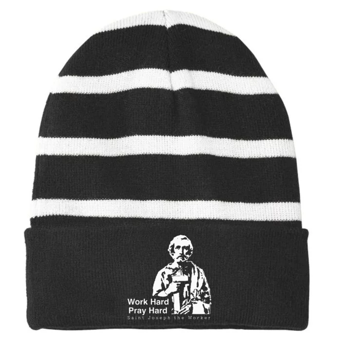 Work Hard Pray Hard Saint Joseph The Worker Striped Beanie with Solid Band