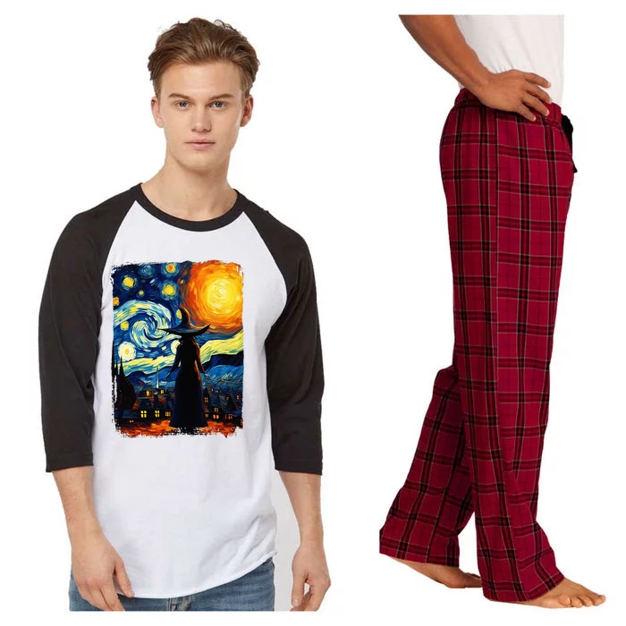 Witch Halloween Starry Night Van Gogh Aesthetic Painting Raglan Sleeve Pajama Set