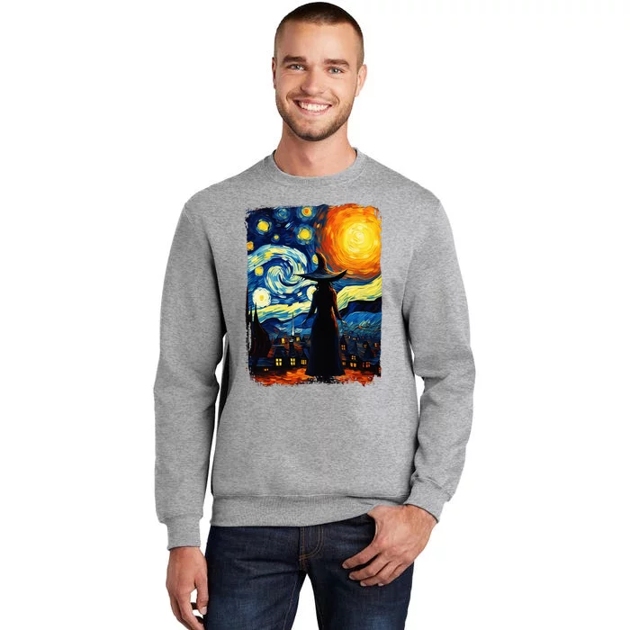 Witch Halloween Starry Night Van Gogh Aesthetic Painting Tall Sweatshirt