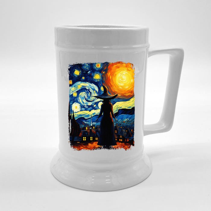 Witch Halloween Starry Night Van Gogh Aesthetic Painting Front & Back Beer Stein