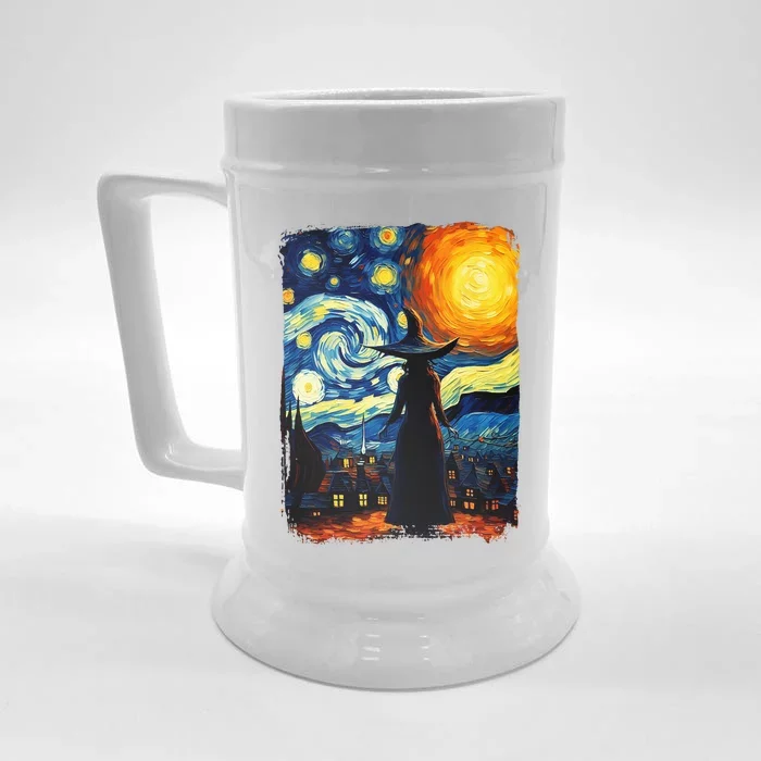 Witch Halloween Starry Night Van Gogh Aesthetic Painting Front & Back Beer Stein