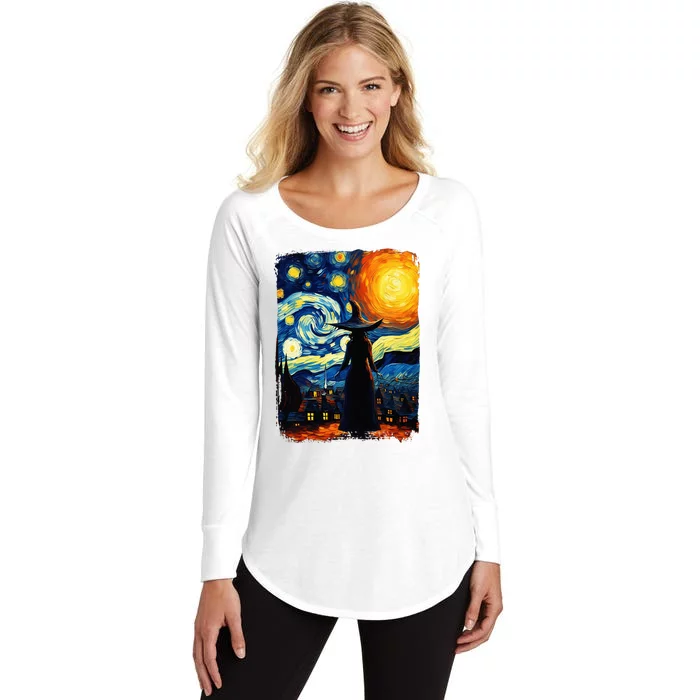 Witch Halloween Starry Night Van Gogh Aesthetic Painting Women's Perfect Tri Tunic Long Sleeve Shirt