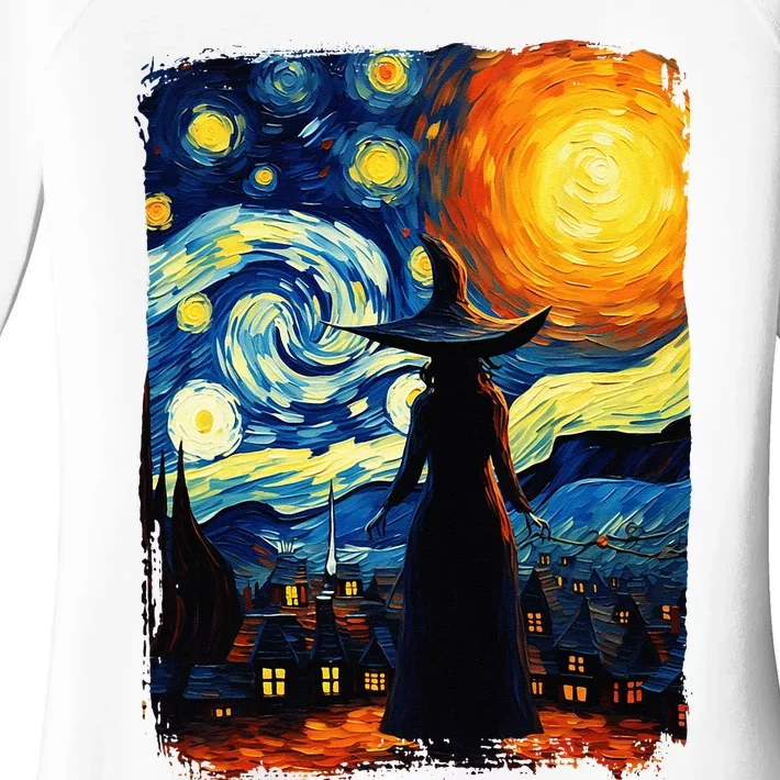 Witch Halloween Starry Night Van Gogh Aesthetic Painting Women's Perfect Tri Tunic Long Sleeve Shirt