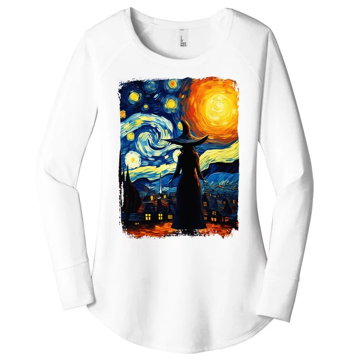 Witch Halloween Starry Night Van Gogh Aesthetic Painting Women's Perfect Tri Tunic Long Sleeve Shirt