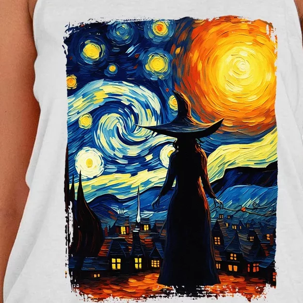 Witch Halloween Starry Night Van Gogh Aesthetic Painting Women's Knotted Racerback Tank