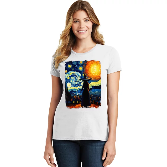 Witch Halloween Starry Night Van Gogh Aesthetic Painting Women's T-Shirt