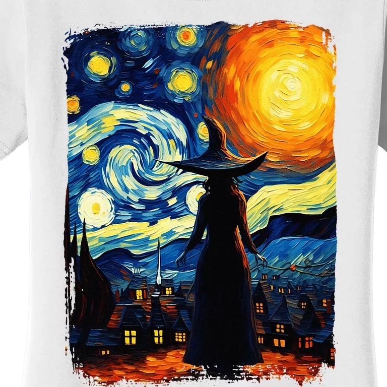 Witch Halloween Starry Night Van Gogh Aesthetic Painting Women's T-Shirt