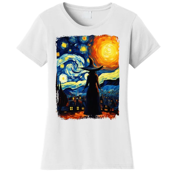 Witch Halloween Starry Night Van Gogh Aesthetic Painting Women's T-Shirt