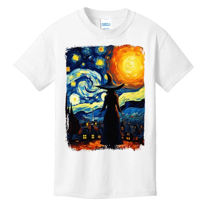 Witch Halloween Starry Night Van Gogh Aesthetic Painting Kids T-Shirt