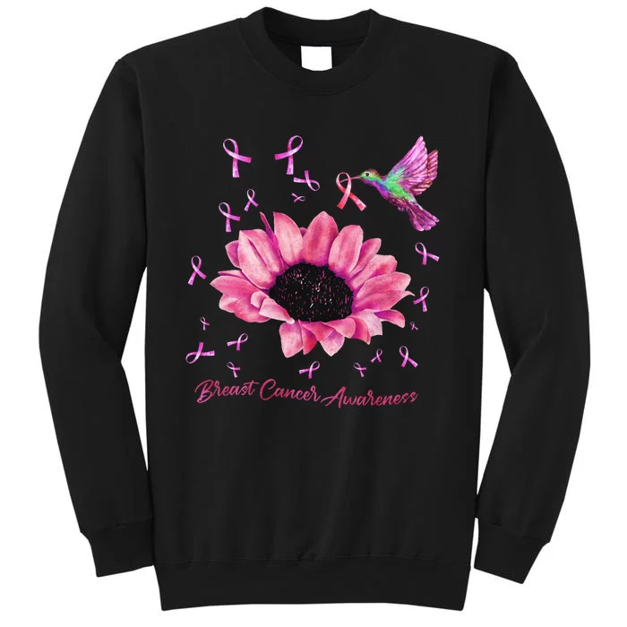 Womens Hummingbird Sunflower Pink Ribbon Breast Cancer Awareness Tall Sweatshirt