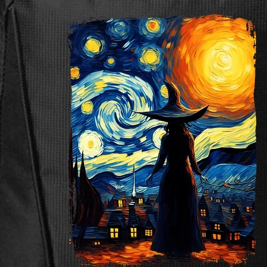 Witch Halloween Starry Night Van Gogh Aesthetic Painting City Backpack