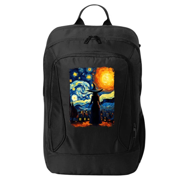 Witch Halloween Starry Night Van Gogh Aesthetic Painting City Backpack