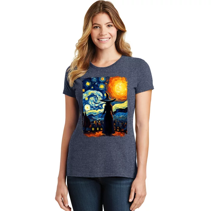 Witch Halloween Starry Night Van Gogh Aesthetic Painting Women's T-Shirt