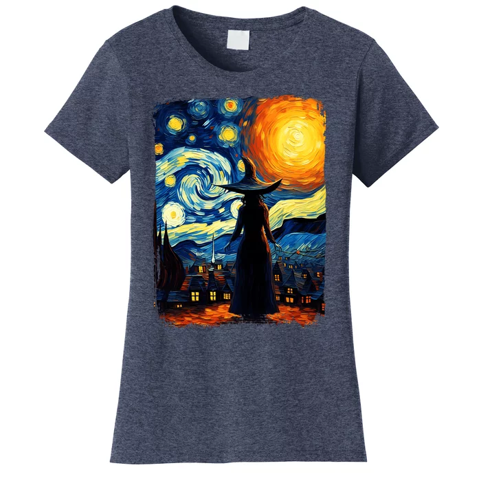 Witch Halloween Starry Night Van Gogh Aesthetic Painting Women's T-Shirt