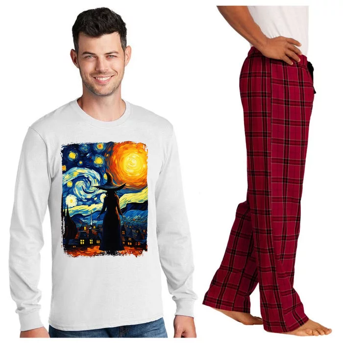 Witch Halloween Starry Night Van Gogh Aesthetic Painting Long Sleeve Pajama Set