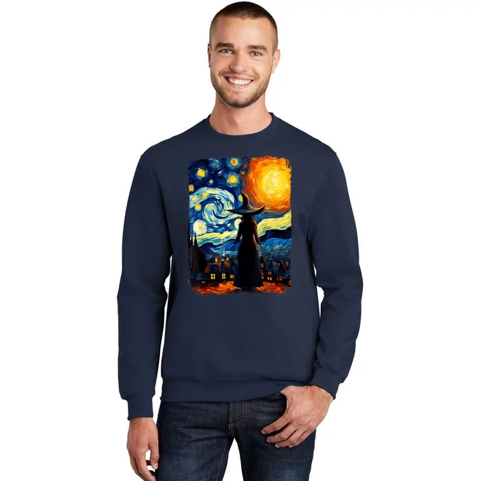 Witch Halloween Starry Night Van Gogh Aesthetic Painting Tall Sweatshirt