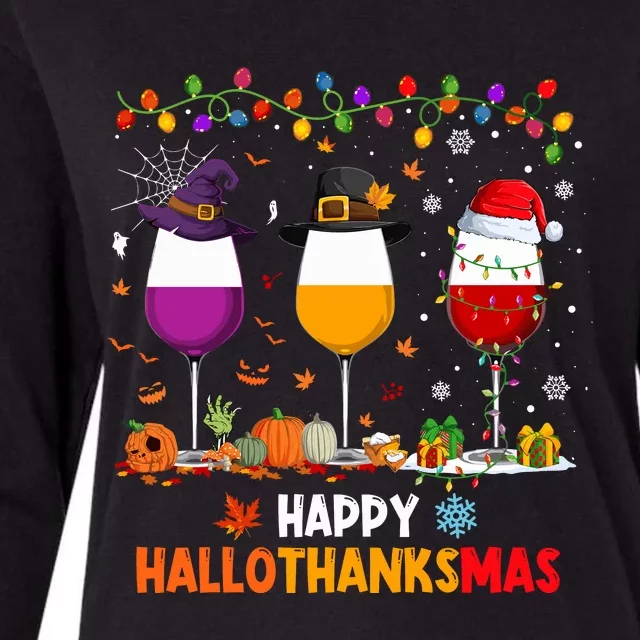 Wine Halloween Thanksgiving Christmas Happy Hallothanksmas Womens Cotton Relaxed Long Sleeve T-Shirt