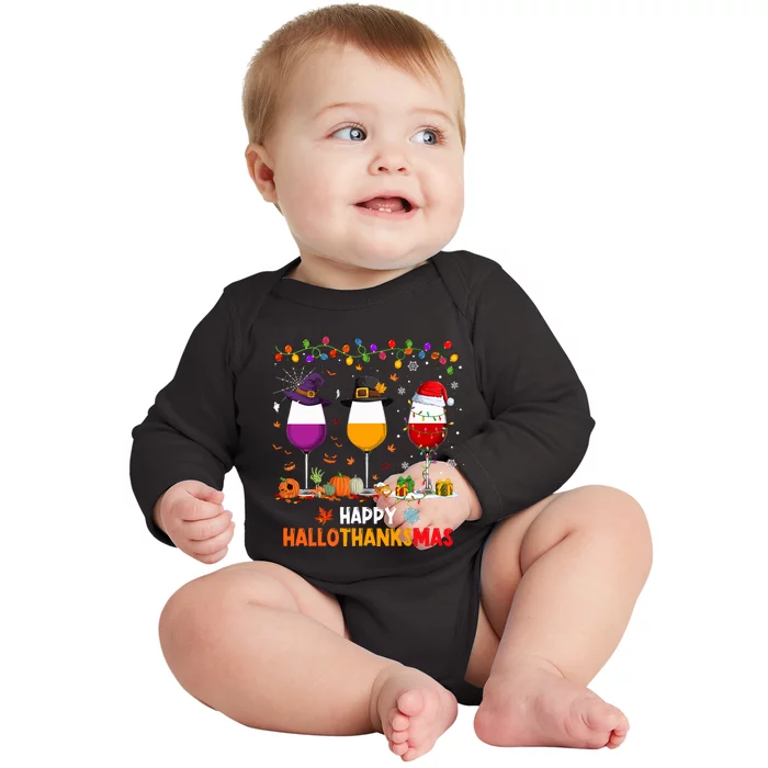 Wine Halloween Thanksgiving Christmas Happy Hallothanksmas Baby Long Sleeve Bodysuit