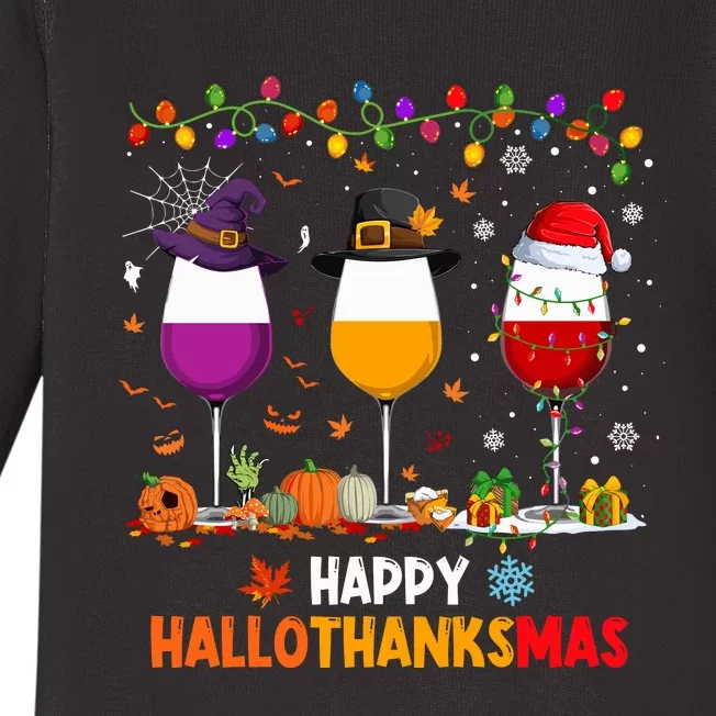 Wine Halloween Thanksgiving Christmas Happy Hallothanksmas Baby Long Sleeve Bodysuit