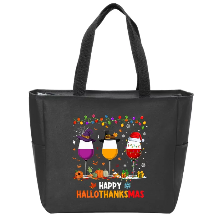 Wine Halloween Thanksgiving Christmas Happy Hallothanksmas Zip Tote Bag