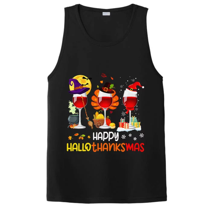 Wine Halloween Thanksgiving Christmas Happy Hallothanksmas Performance Tank