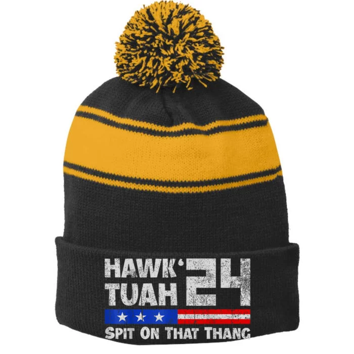 Women Hawk Tuah 24 Spit On That Thang American Flag Gift Stripe Pom Pom Beanie